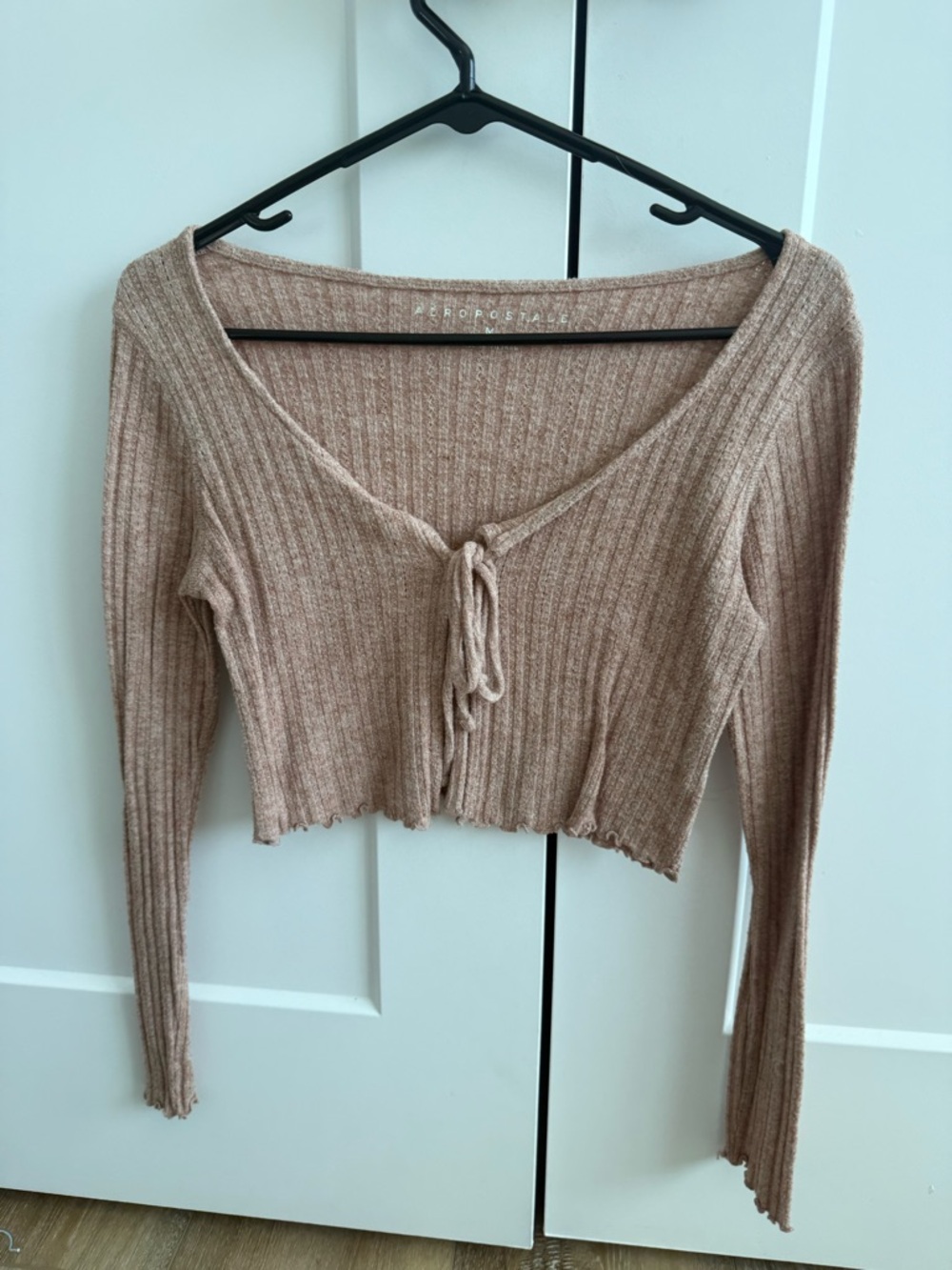 Aeropostale Ribbed Tie-Front Crop Top - Taupe Pink